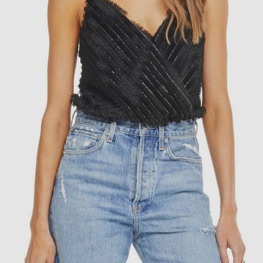 ASTR The Label Women's Black V-Neck Metallic Eyelash Fringe Bodysuit